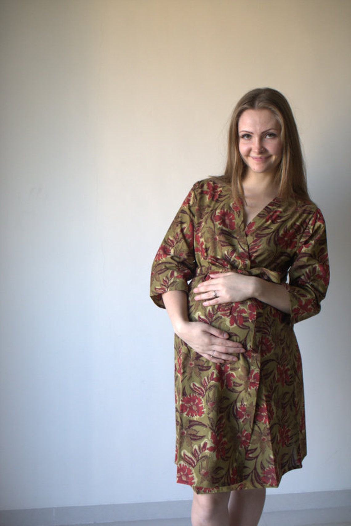 Olive Green Floral Organic Robe Organic Cotton Hand Blocked Etsy