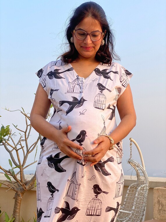 Free Thinker - White Maternity Lounge Dress | Softest Jersey Organic Cotton | House Dress | Nursing Dress | Cozy Sleep Shirt with pockets