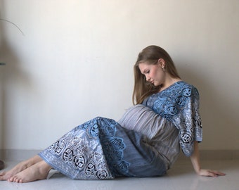 Gray Ombre Leafy Buttoned Empire Waist Dress Butterfly Sleeves Maternity Kaftan Maxi Pregnancy friendly Maternity Maxis Nursing Caftan