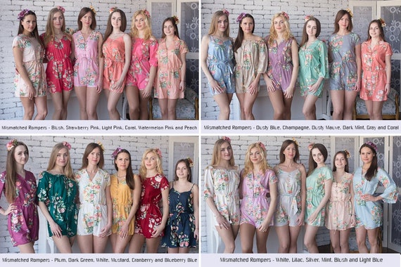 Bridal Party Rompers Bridesmaid Rompers Dreamy Angel Song pattern Bridesmaids Gifts Light Blue Belted Slip Style Rompers
