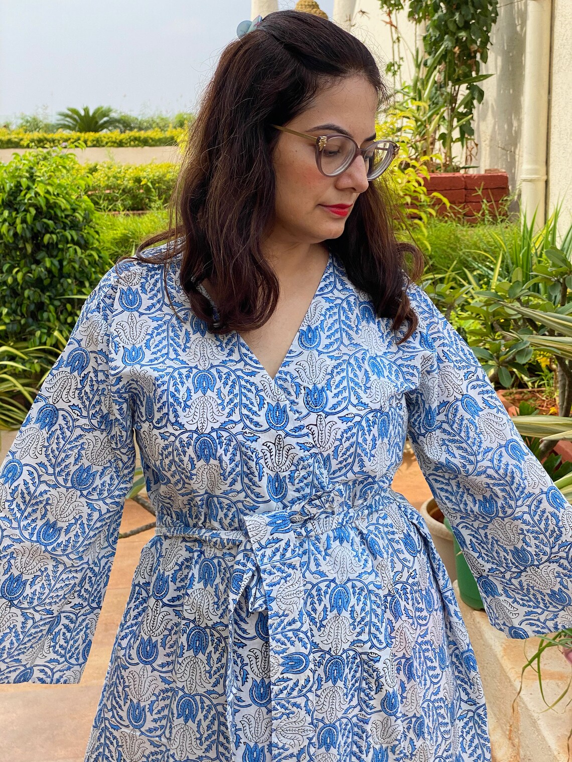 Blue Floral Motif Hand-blocked Printed Robe | 100% Cotton Voile ...