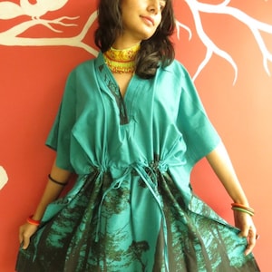 The Tree of Life - Teal korte kaftanjurk - Beste cadeau voor haar, kamerjas, loungekleding, strandbedekking, vintage mode