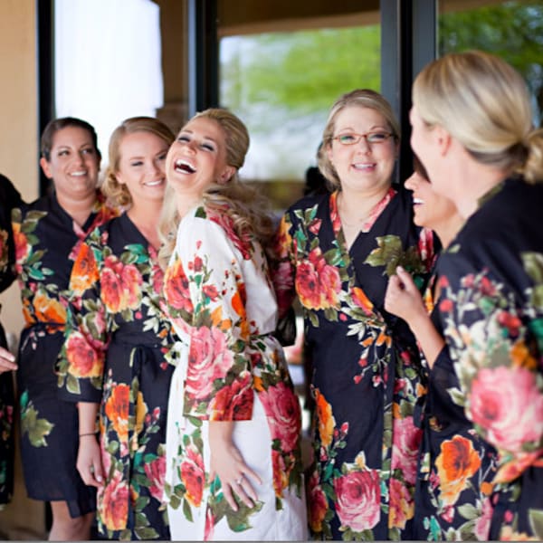 Black Large Floral Blossom Bridesmaids Robes | Kimonos. Wraps. Bridesmaids gifts. Getting ready robes. Bridal shower favors. Dressing gowns
