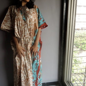 Cream with Brown Turquoise Hostess Gown Long dress, Kaftan, beachwear, spa robe, make great Valentines Day, Anniversary or Birthday gifts image 2