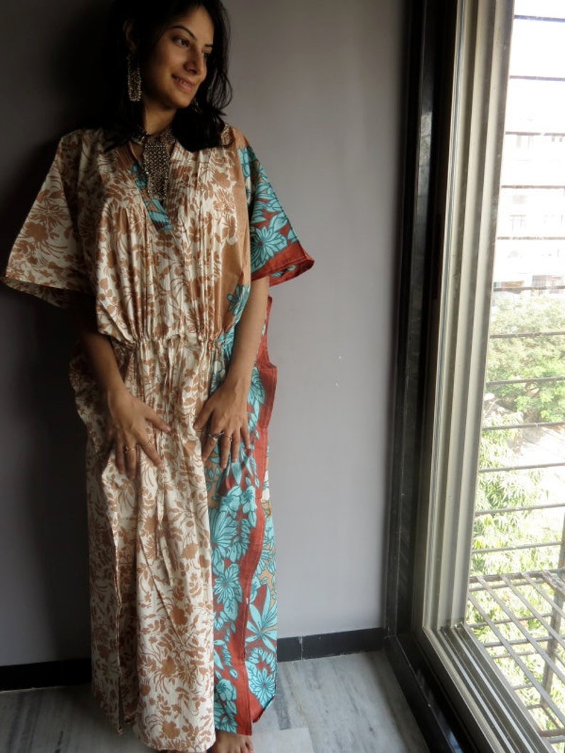 Cream with Brown Turquoise Hostess Gown Long dress, Kaftan, beachwear, spa robe, make great Valentines Day, Anniversary or Birthday gifts image 2