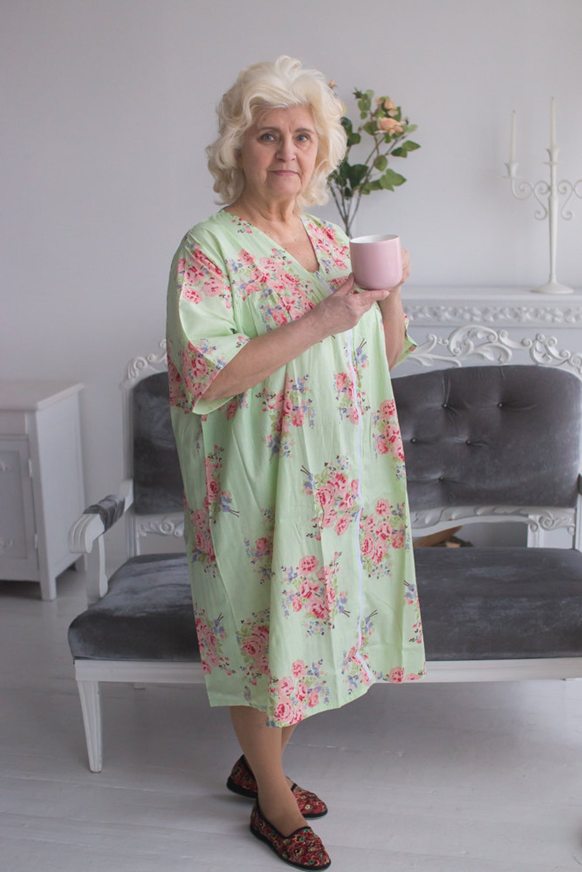 Zip in Front Housecoats for Elderly People Faded Flowers Etsy UK