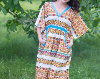 Breezy Bohemian Kaftan Style in Aztec Geometric pattern in White Mustard Color | Bohemian Caftan, Perfect for Loungewear, Beach Cover up