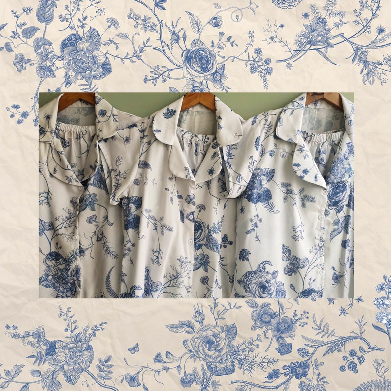 Chinoiserie Chic. Hand-drawn Oriental Porcelain Inspired Blue and White Pattern Robes / Pjs / Rompers Bridesmaids Getting Ready Outfits image 4