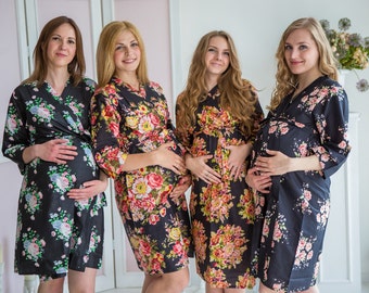 Moms in Black Floral Prints, Maternity Robe, Delivery Robe, Labor Gown, Hospital Gown, Baby Shower Gift, Nursing Gown, Pregnancy Robe