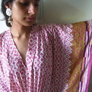 Pink with a lovely border Kaftan Robe - Perfect as a long dress, loungewear, beachwear, spas, for to be moms, comfortable housedress