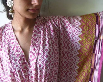 Pink with a lovely border Kaftan Robe - Perfect as a long dress, loungewear, beachwear, spas, for to be moms, comfortable housedress