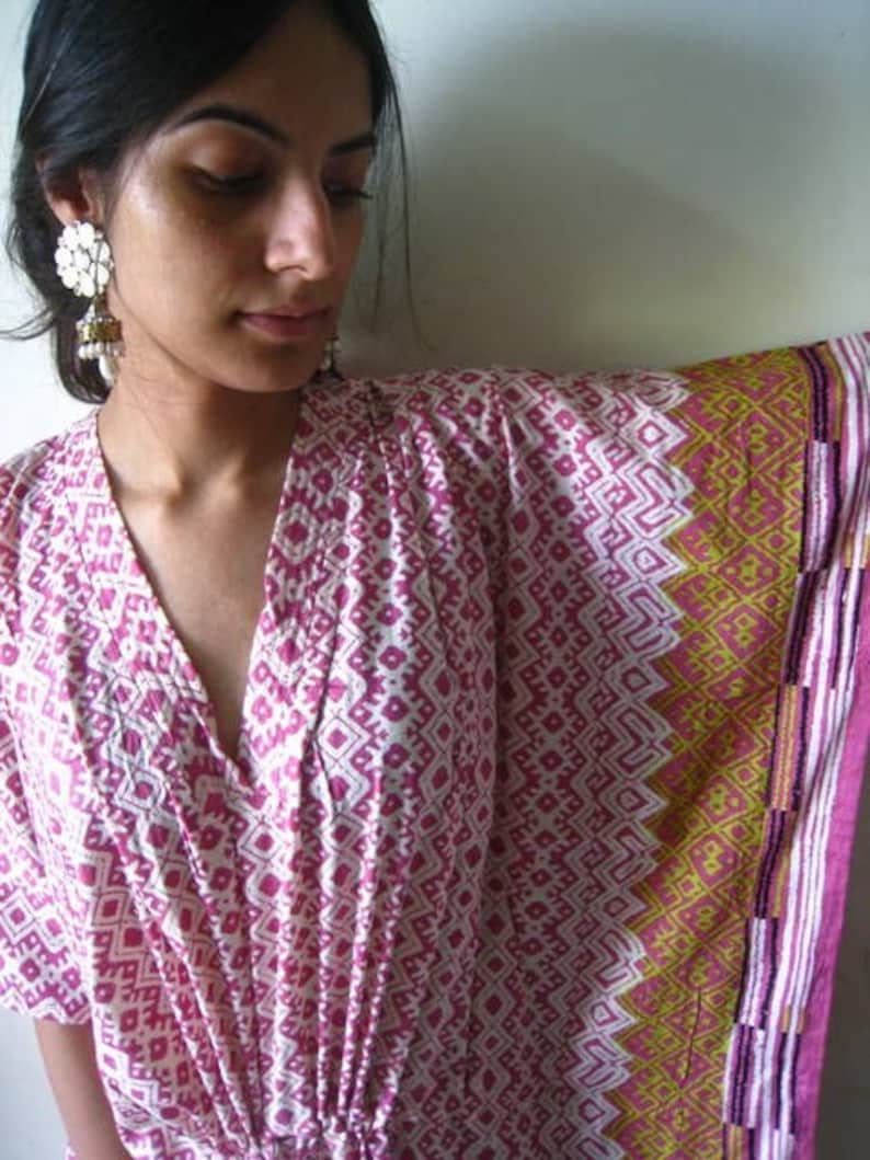 Pink with a lovely border Kaftan Robe Perfect as a long dress, loungewear, beachwear, spas, for to be moms, comfortable housedress image 1