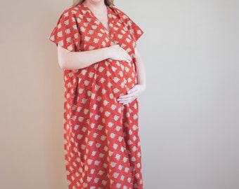 Red Organic Cotton Hand-Blocked Front Buttoned Hospital Gown Delivery Kaftan Perfect as labor, delivery gown, nursing gown, Baby shower