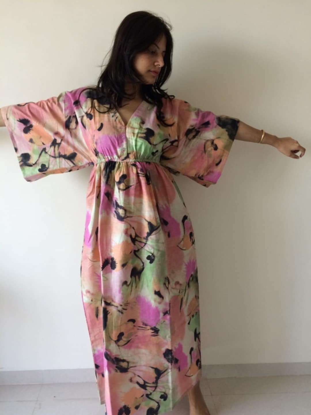 Buttoned Butterfly Sleeves Empire Waist Flemingo Kaftan Dress - Etsy