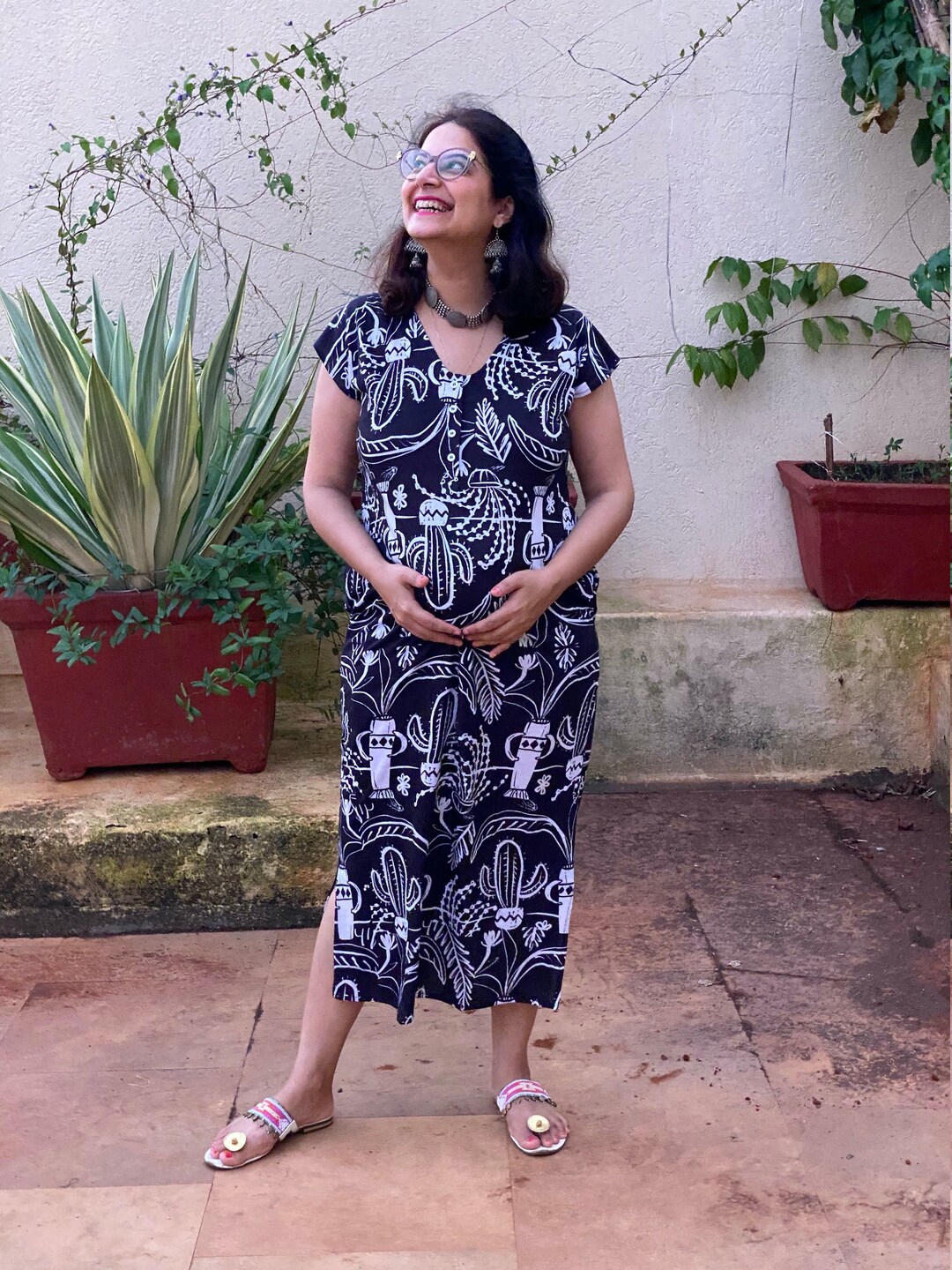 Cute Cacti Maternity Lounge Dress Soft Jersey Organic Cotton House