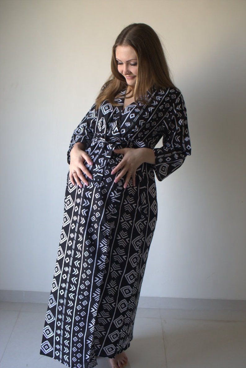 Black Elephant Aztec Pattern Print Women Long Robe