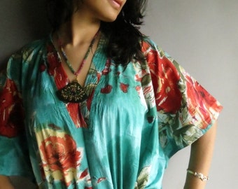 Teal Red floral kaftan - Perfect long dress, beachwear, spa robe, make great Christmas, Valentine Day, Anniversary or Birthday gifts