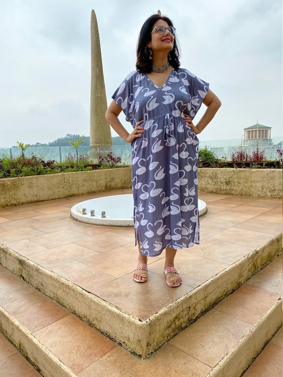 Humming Swans Timeless Style Caftan | Soft Jersey Knit Organic Cotton | Perfect Loungewear House Dress | Long Maxi Dress
