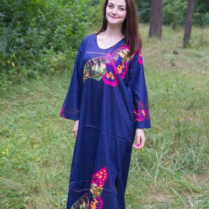 The Unwind Kaftan Style in Big Butterfly pattern in Dark Blue Color Bohemian Caftan, Perfect for Loungewear, Beach Cover up image 1