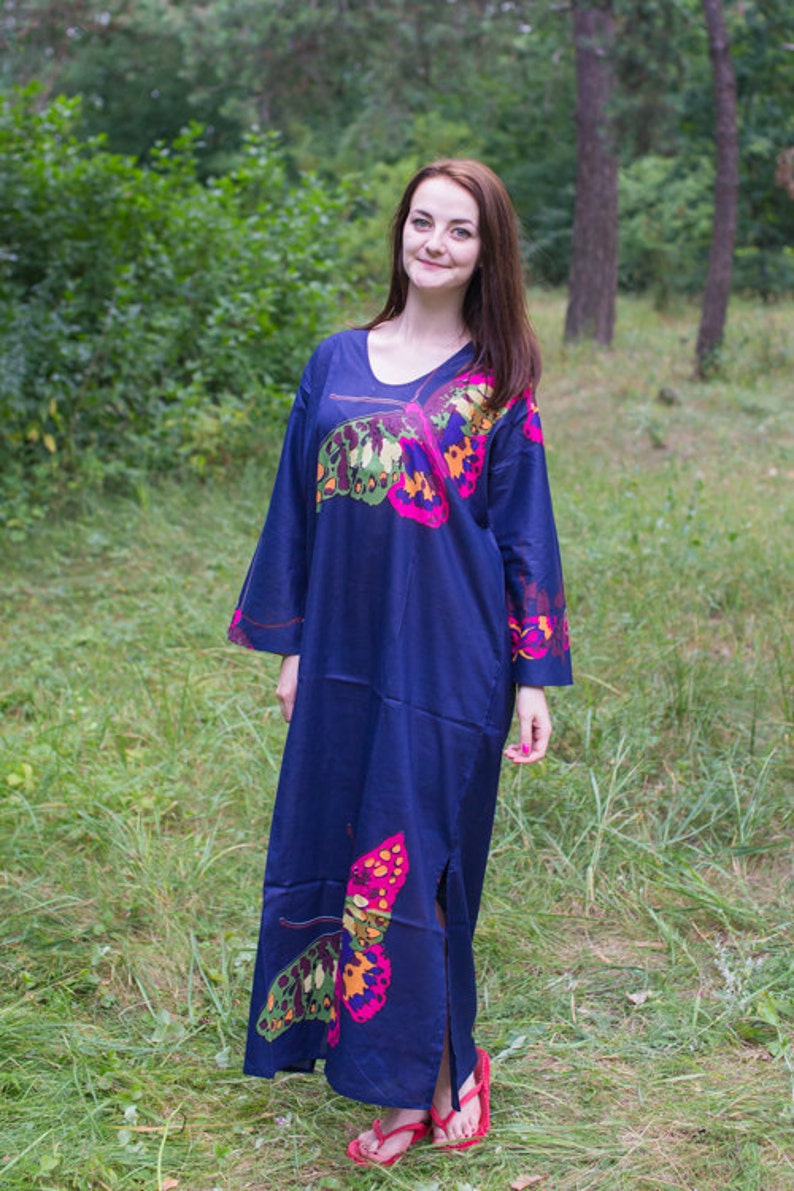 The Unwind Kaftan Style in Big Butterfly pattern in Dark Blue Color Bohemian Caftan, Perfect for Loungewear, Beach Cover up image 1