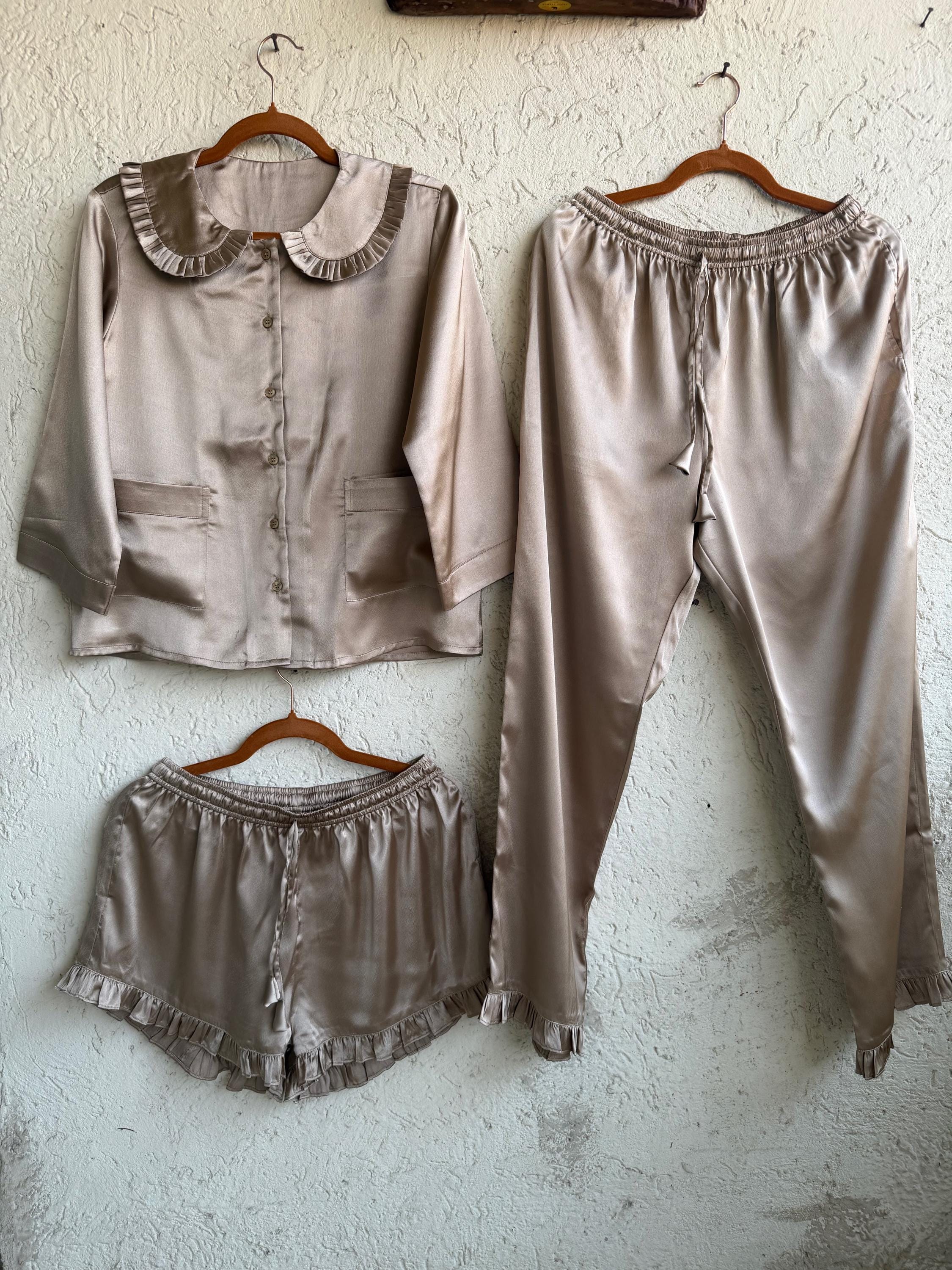Silk Ruffled Collared Button Up PJ Set - Bridesmaids Getting Ready Outfits