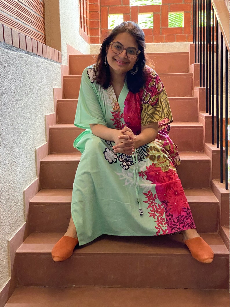muumuu mumu Softest Cotton free flowing kaftan dress Perfect as house dress beachwear lounge wear Vibrant Foliage Caftan