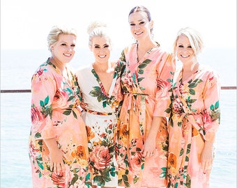 Coral Large Floral Blossom Bridesmaids Robe Sets | Kimono Robes. Bridesmaids gifts. Getting ready robes. Bridal Party Robes. Dressing Gowns