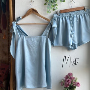 All shades of Blue Silk Tie Knot Tank Top Style Pj Sets | Unlimited Customization: Color/Design/Size | Bridal Party Satin PJs - Blue Pjs