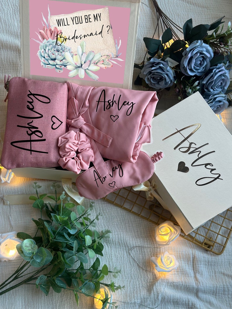 Succulents Desert Themed Personalized Bridesmaid Proposal Box or Thank you Gift Box with Ruffle Robes or Pjs, Will You Be My Bridesmaid Box image 1