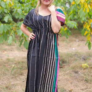 Side Strings Sweet Kaftan Style in Multicolored Stripes pattern in Black Color | Bohemian Caftan, Perfect for Loungewear, Beach Cover up