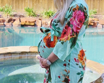 Maternity Hospital Gown Delivery Crossover Kimono Robe Mint Perfect as labor delivery gown, nursing mothers, to be moms, Pregnancy Photoprop