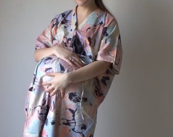 Watercolor Flamingo Buttoned Hospital Gown Delivery Kaftan Perfect as labor delivery nursing gown to be moms Baby shower photo prop