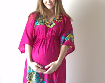 Magenta Butterfly Buttoned Empire Waist Dress Butterfly Sleeve Maternity Kaftan Maxi Pregnancy friendly Maternity Maxis Nursing Caftan