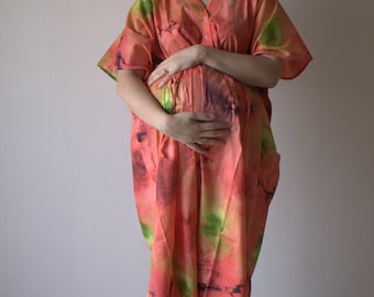 Coral Watercolor Buttoned Hospital Gown Delivery Kaftan Perfect as labor delivery nursing gown to be moms Baby shower photo prop