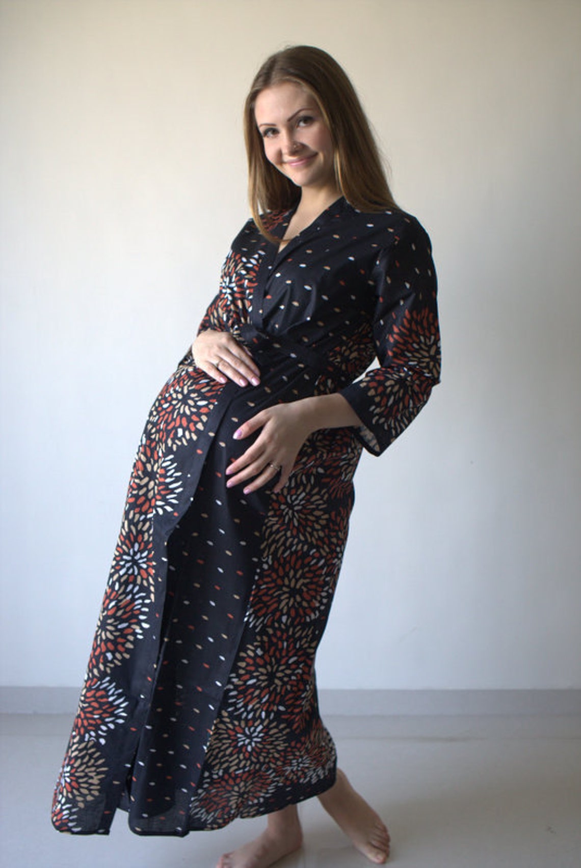 Black Abstract Floral Ankle Length Maternity Robe Hospital - Etsy Australia