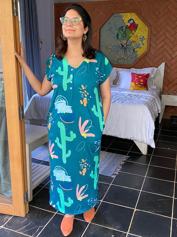 blue cactus dress Colorful Lounge | Oversized Dress | Soft Jersey Organic Cotton | House Dress | Full Length Sleep Shirt Pockets | Shift Dress 20240827_SITEWIDE Women's Black Lace-Detail Linen-Blend US SIZE:8 Let her make sweet