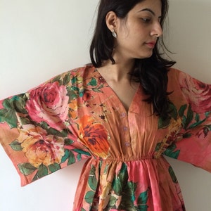 Buttoned Butterfly Sleeves Empire Waist Floral Kaftan Dress Summer Dress Long Maxi loungewear beachwear Maternity Dress Bridesmaids Robe