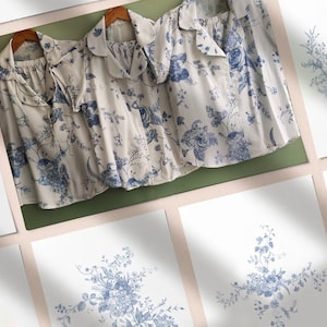 Chinoiserie Chic. Hand-drawn Oriental Porcelain Inspired Blue and White Pattern Robes / Pjs / Rompers Bridesmaids Getting Ready Outfits image 5