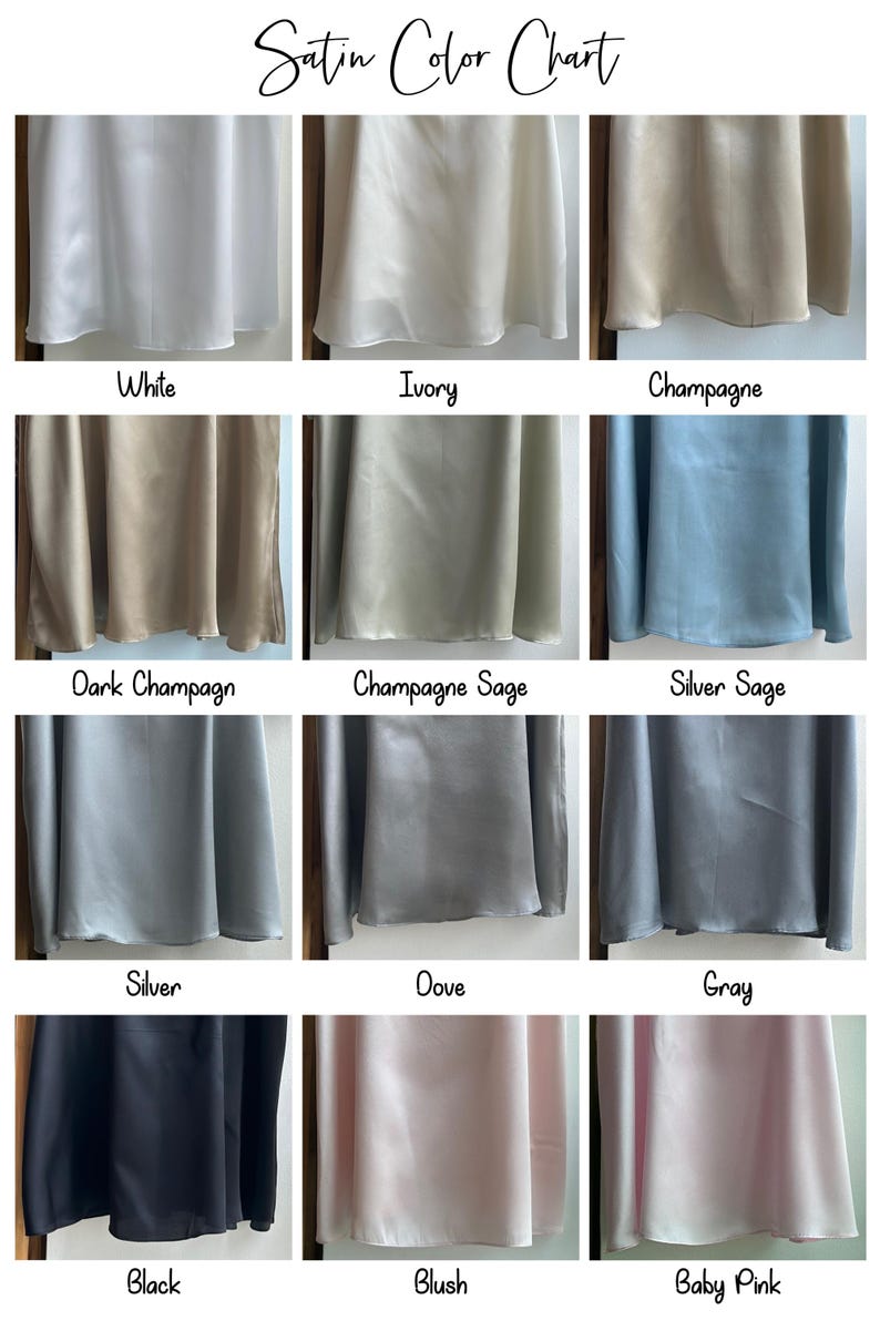 May include: A satin colour chart showing fabric swatches in a range of colours. The chart includes shades such as white, ivory, champagne, dark champagne, champagne sage, silver sage, silver, dove, grey, black, blush, and baby pink.