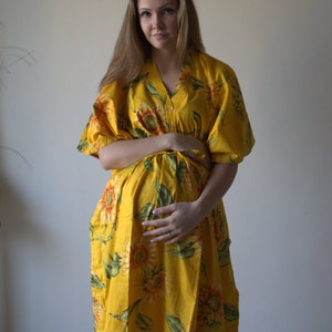 Yellow Sunflower Buttoned Hospital Gown Delivery Kaftan Perfect as labor delivery nursing gown to be moms Baby shower photo prop