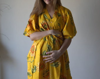 Yellow Sunflower Buttoned Hospital Gown Delivery Kaftan Perfect as labor delivery nursing gown to be moms Baby shower photo prop