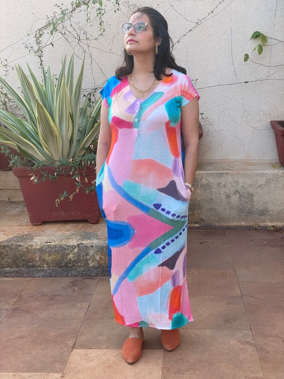 Whimsy Strokes Lounge Dress | Oversized Dress | Jersey Organic Cotton | House Dress | Full Length Sleep Shirt & Pockets | Shift Dress
