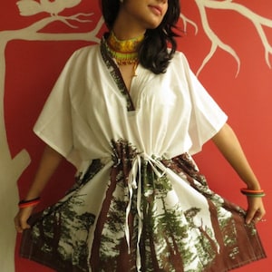 De levensboom - witte korte Kaftan jurk - beste gift voor haar, badjas, lounge wear, strand cover-up, vintage mode