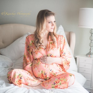 Coral Silk Floral Posy Ankle length Maternity Robe | Hospital Gown, Labor gown, Delivery gown, nursing mothers, Pregnancy robe