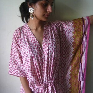 Pink with a lovely border Kaftan Robe Perfect as a long dress, loungewear, beachwear, spas, for to be moms, comfortable housedress image 4