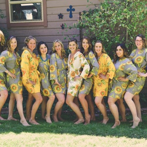 Mismatched Sunflower Bridesmaids robes | Kimono Style getting ready robes for wedding day wedding favors Bridesmaids gift, Bridesmaid Robes