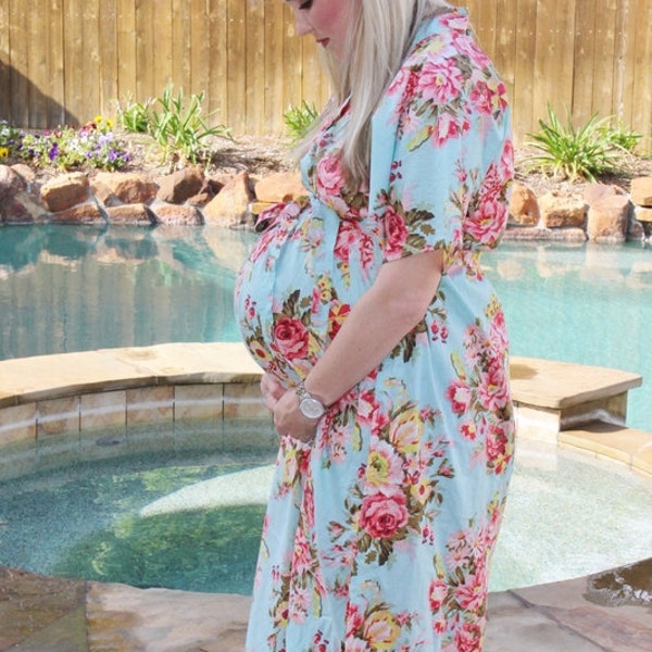 Front & Back Buttoned Hospital Gown Lieferung Kaftan Blau Perfekt als Arbeit, Geburtskleid, Stillkleid, Baby Shower, Umstandsfoto Requisiten