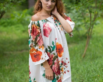 Serene Strapless Kaftan Style in Large Floral Blossom pattern in White Color | Bohemian Caftan, Perfect for Loungewear, Beach Cover up