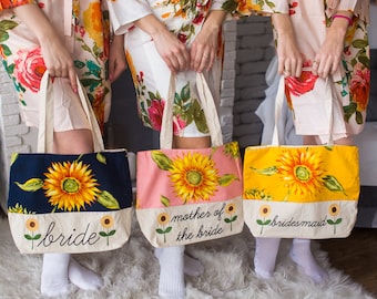 Sonnenblume Tragetaschen, Brautjungfern Stoffbeutel, brautjungferngeschenke, Bridal Party Geschenk, Hochzeit-Tragetaschen, monogrammiert Tasche, Brautjungfern-Taschen