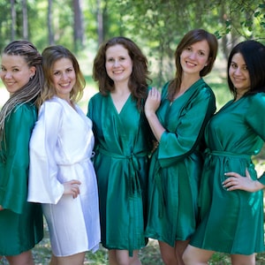 Solid Dark Green Satin Silk Bridesmaids robes | Kimono Style getting ready robes, wedding day robes, Bridesmaids gifts, Bridesmaid Robes